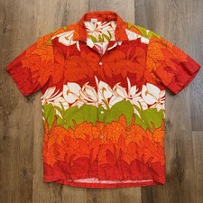 Vtg 60s Barkcloth Hawaiian Shirt Mens Loop Collar Floral Hippy Disco USA Medium