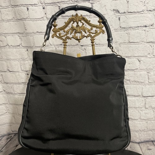 Gucci Bamboo Nylon Shoulder Handbag Black Canvas Tote Auth