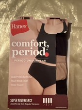NWT Hanes 3 Pack Comfort Absorbant Period Underwear Briefs Black Tan Size 9/2XL