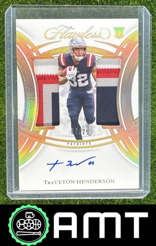 TreVeyon Henderson RC 2025 Panini Flawless 4/25 Rookie Dual Patch Auto Patriots