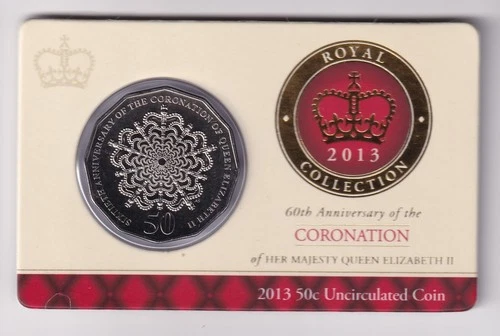 AUSTRALIAN: 2013 50 CENT ROYAL COLLECTION CORONATION UNC COIN ON CARD #PL2049