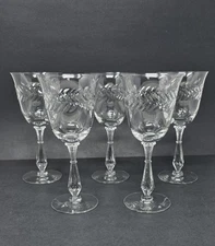 Set Of 5 Tiffin-Franciscan Wreath Crystal  Water Goblets With Laurel Leaf Design