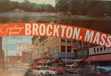 Greetings From Brockton MA Field Park Unposted Chrome Postcard Vintage Cars A22