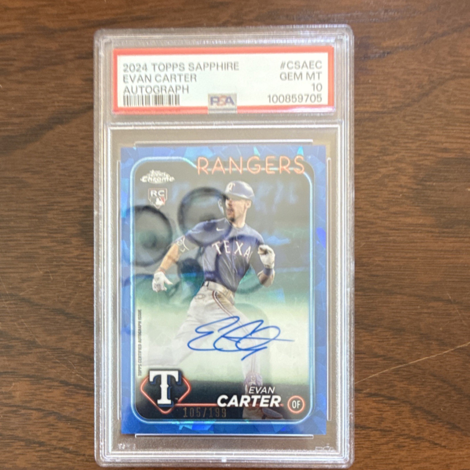 Topps 2024 Chrome Sapphire Evan Carter CSA-EC Rookie Auto /199 PSA 10 Rangers