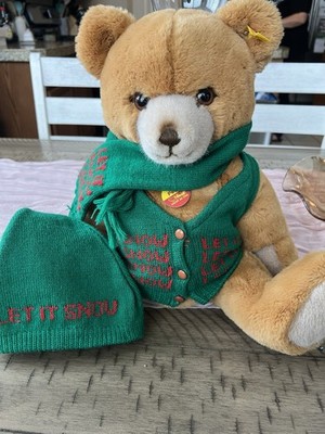 Steiff Petsy Christmas Teddy Bear 023045 West Germany Ear Button LET IT SNOW 16 
