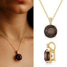 14K Solid Yellow Gold 5 Ctw Natural Smoky Quartz Gemstone Pendant Necklace 18 in