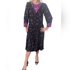 Vintage 80s Carole Little 100 Silk Floral Midi Dress Puff Sleeve Womens 8