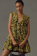 MAEVE ANTHROPOLOGIE Collared Poplin Swing Mini Dress Sunflower Print Black Sz S