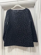Ann Taylor Black Velvet Leopard Print Top Holiday Long Sleeve Women's Size M