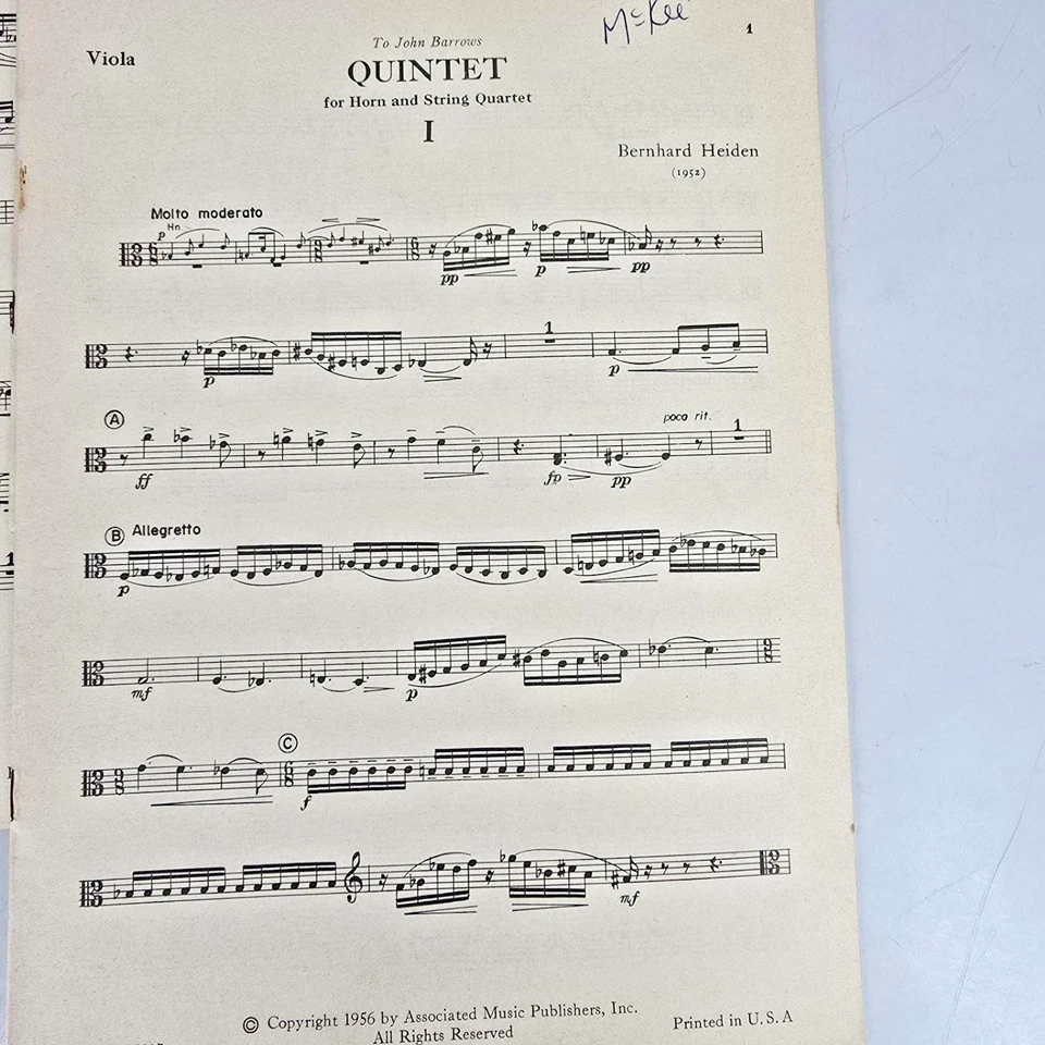 Bernhard Heiden Quintet French Horn String Quartet 1956 Sheet Music Score Parts - Image 3 of 4