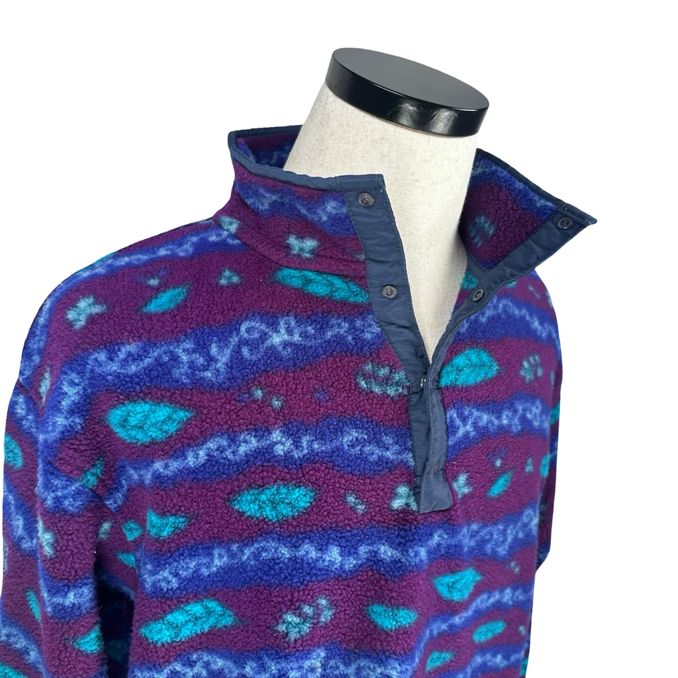 Vintage LL Bean Fleece Aztec 1/4 Snap Pullover Women’s Large Purple Blue USA 90s - Image 2 of 4