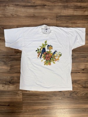 Vintage 90s Two Blue Birds Flowers Bird House Single Stitch White Shirt Large