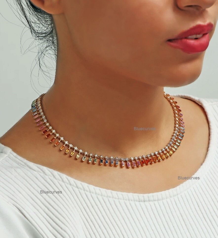 Ombre Baguette Rainbow Sapphire & Diamond Dot and Dash