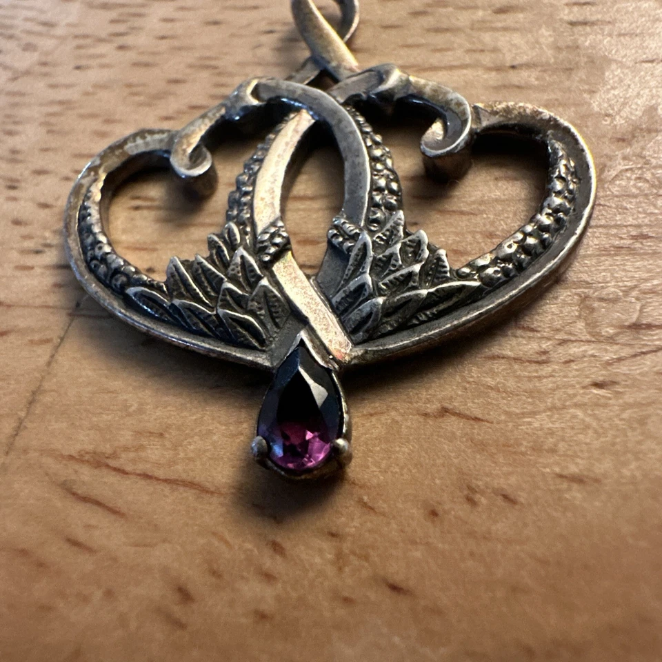 Colgante de plata de ley 925 vintage Franklin Mint FM 83 amatista doble corazón Foto 2 de 4