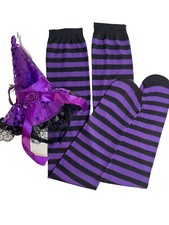 NEW Halloween Witch Hat Headband and Purple Black Stripe Thigh Highs