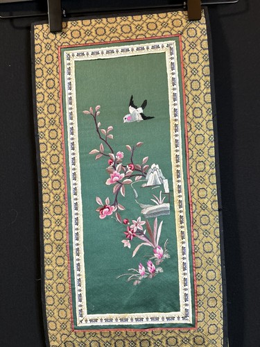Vintage chinesische Seidenstickerei Textil Gobelin Panel Vögel, rosa Blumen, Dekor - Bild 2 von 10