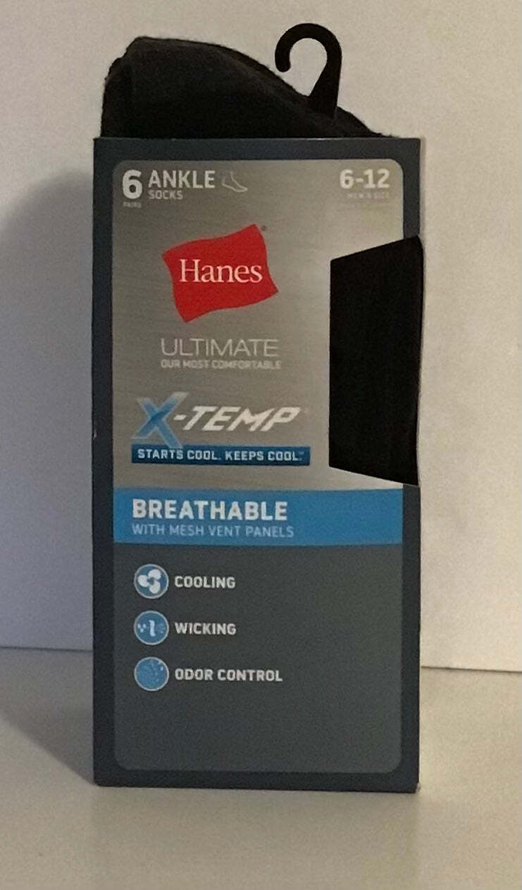 Hanes Mens Fresh IQ Ultimate Xtemp Active Cool Black Ankle Socks 6pack