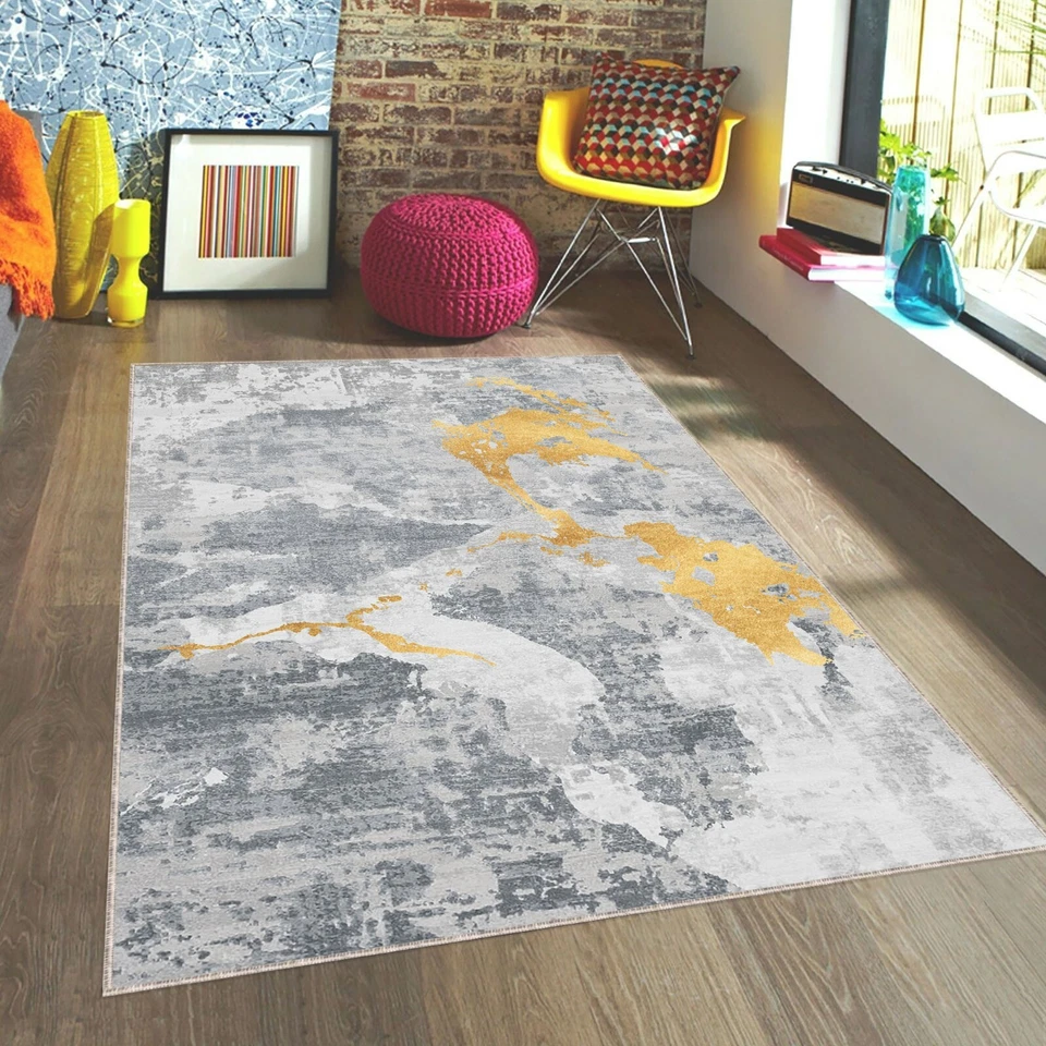 Tapete abstrato moderno, tapete padrão artístico cinza amarelo, decoração contemporânea para casa - Imagem 2 de 4
