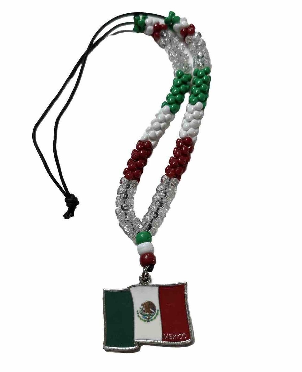 Mexico Flag Beaded Necklace With Leather String Hand Mexico Flag Beaded Necklace With Leather String Hand