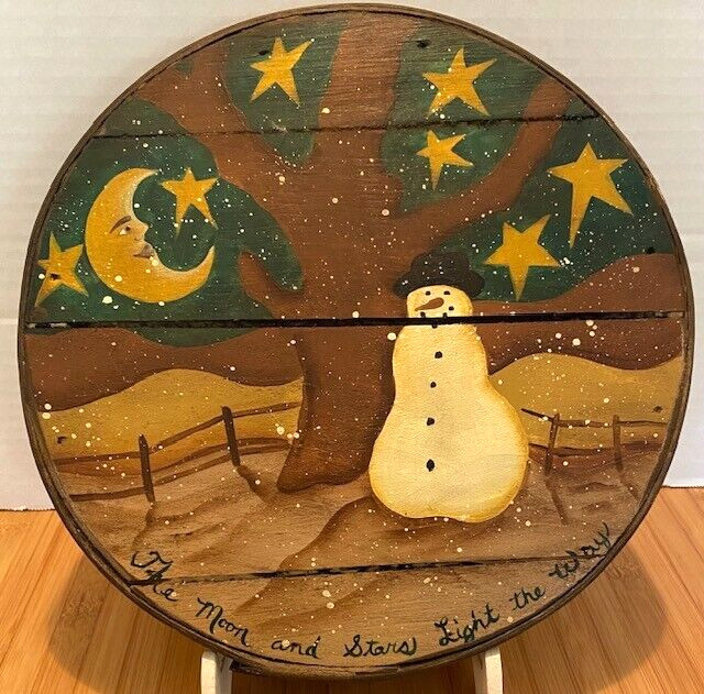 1994 Vintage Hand Painted Snowman on Wood Lid, "The Moon & Stars Light the Way"