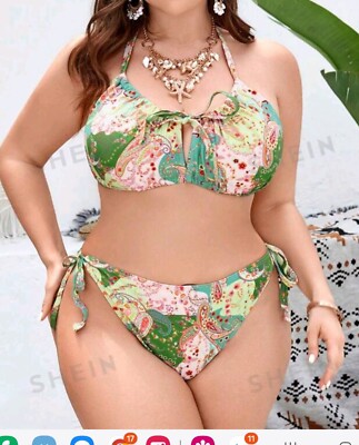 4XL Beach Plus Size Paisley Print Halter Bra & Bikini Bottom  Set
