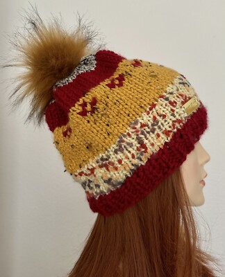 Hand Knits 2 Love Beanie Hat Semi Chunky Faux Fur Pom Pom  display picture 3