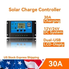 30A Solar Panel Battery Charge Controller 12V/24V LCD Regulator Auto Dual USB US