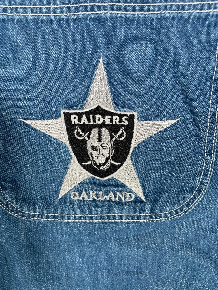 Vintage Raiders Shirt Mens XL 16/16.5 Blue Denim Oversized Oakland NFL - Image 3 of 4