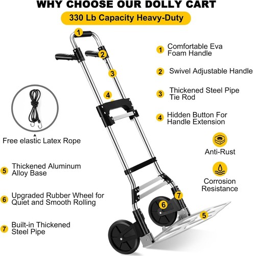 330 LB Capacity Folding Hand Truck Dolly Cart, Portable Aluminum Dolly Cart with - Picture 3 of 7