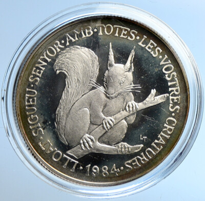 1984 ANDORRA Wildlife RED SQUIRREL Coat Arms Proof Silver 20 Diners Coin i109684