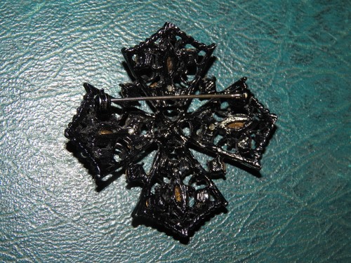 MALTESE CROSS PIN BROOCH BLACK METAL MULTI COLOR RHINESTONES Vtg - Picture 2 of 2