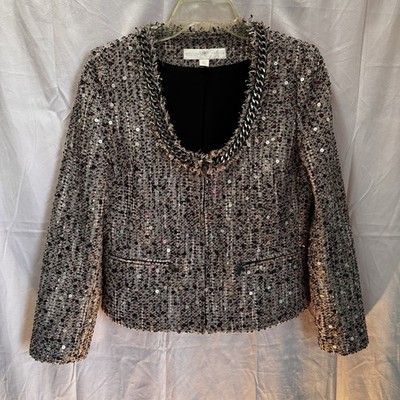 Boston Proper Sequin Tweed Blazer Jacket Sz 8 Chain Trim Pink Black Silver Chic
