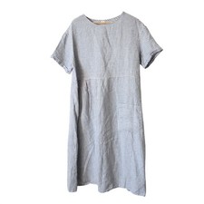 LINTICO Stripe Linen Midi Dress Casual Short Sleeve Women XL Cottagecore Prairie