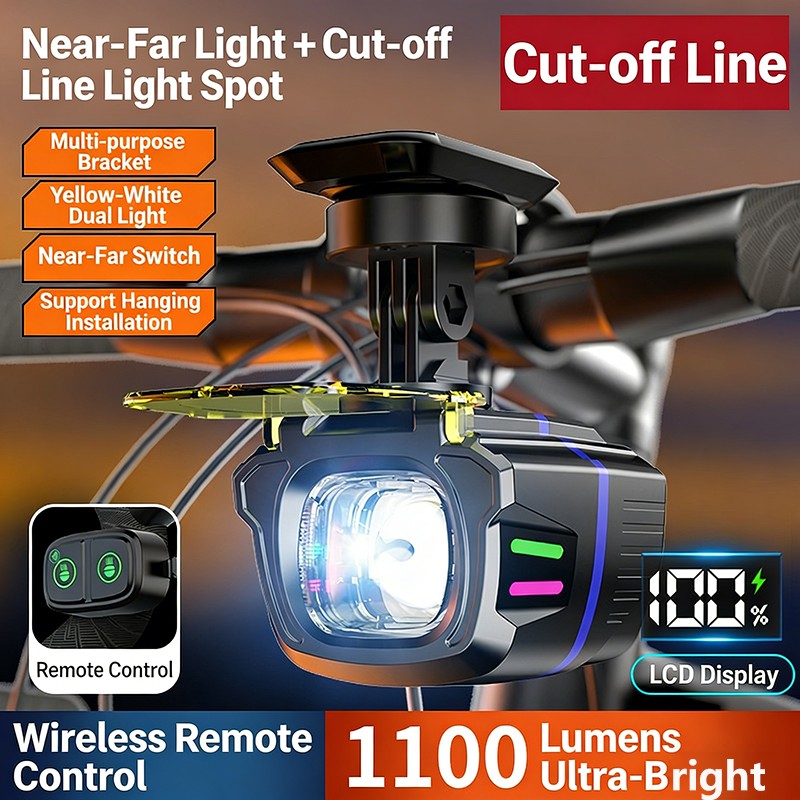 Dual Beam Bike Head Lights 1100LM Wireless Remote Control Cy