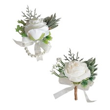 2PCS White Rose Wrist Corsage and Boutonniere Set Prom Wrist Corsage Bracelet...