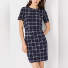 ANN TAYLOR NAVY DOUBLEPANE WINDOWPANE PLAID SHEATH DRESS SZ 6 NWT