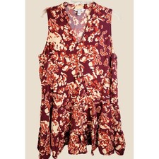 Nine West Blouse Sleeveless Boho Tiered Floral Button Down Burgundy Red XXL