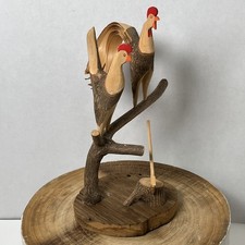 Roger Wilson Carved Rooster And Hen On Branch Axe In Stump Wood Art Carving