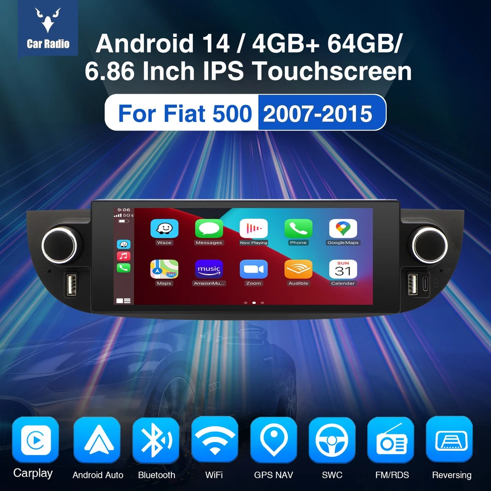 Unidad de navegación GPS radio estéreo coche 6,86"" Android 14 4+64 GB para Fiat 500 2007-2018 Foto 3 de 4