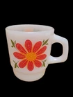 Vintage Anchor Hocking Fire King 1960s Milk Glass with Red & Orange Flower