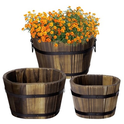 3 Pcs Wooden Whiskey Barrel Planters - 3 Sizes Wooden Bucket Barrel Garden Pl...