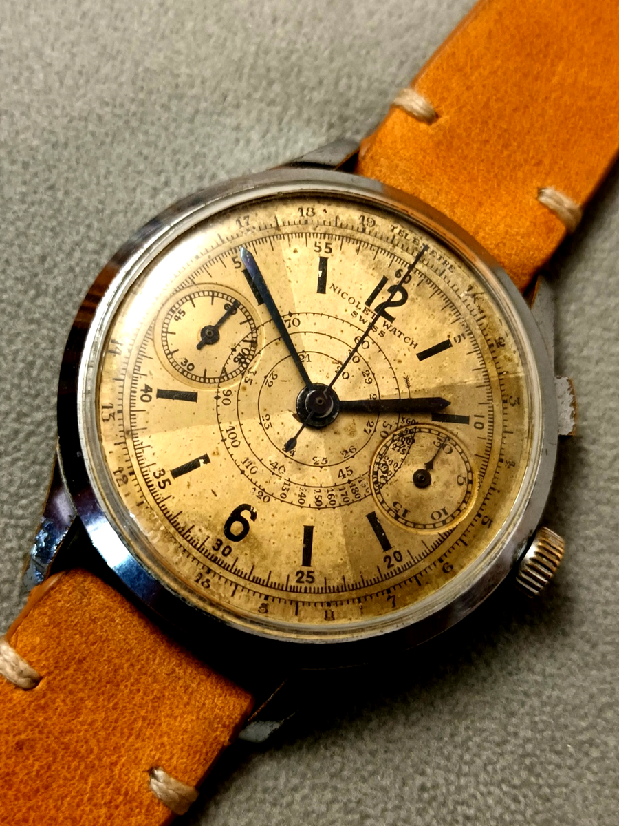 no.195 フレンチポップな古時計 Huge Nicolet Chronograph Cal landeron Hahn cal. 15-1/2 One Pusher