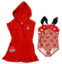 2 Pc Set Minnie Mouse 1 pc Swimsuit Hooded Terry Coverup Red Girls 6 7 Disney Jr