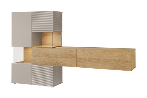 Wohnwand Anbauwand Brick 251x42,5x152cm Hickory Natur Kaschmir mit Beleuchtung