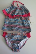 Tommy Bahama 7 Girls 2 Pc Tankini Ruffle Swimsuit Pink Blue White