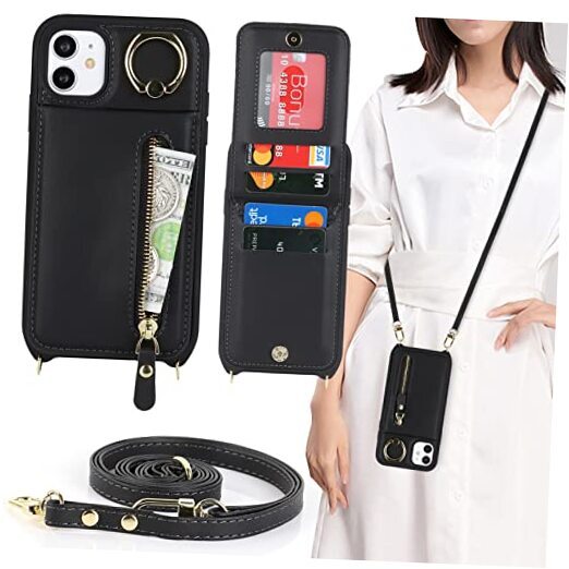 Sleek iPhone 11 Case with Card Holder for Women in Classic Black Design