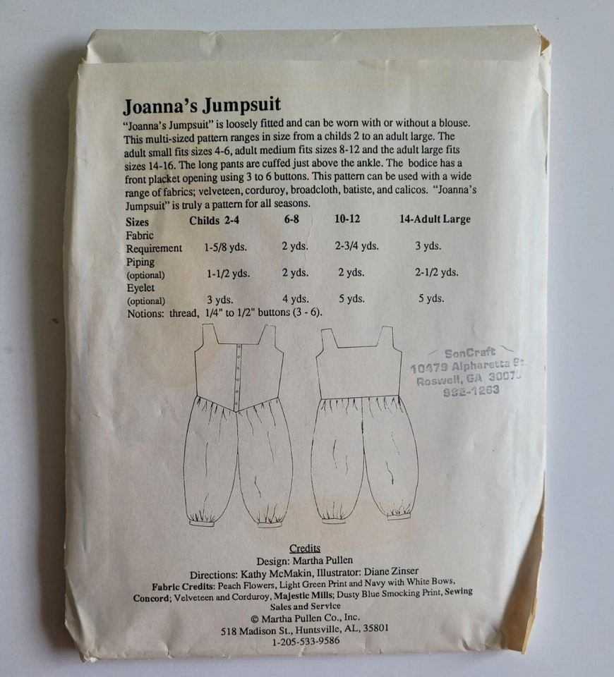 Mono de Colección Años 80 Martha Pullen Patrón de Costura Joanna's Talla Niño 2-16 Adulto Pequeño Foto 2 de 3