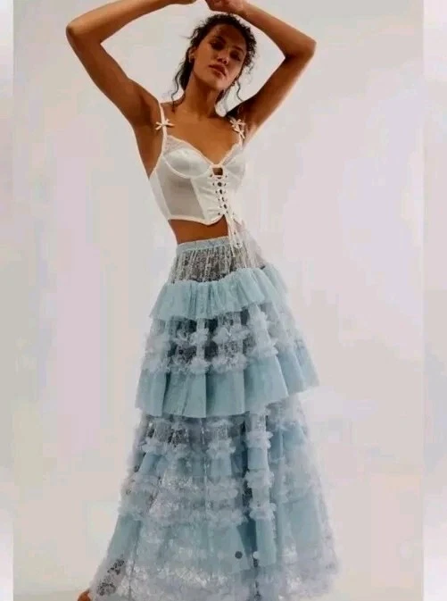 Free People тюль много половина макси юбка ярусный размер S оборки серый комбо новый #1 - Изображение 3 из 4