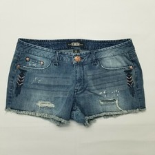 Rewash 11 Distressed Embroidered Medium Blue Wash Raw Hem Women's Jean Shorts