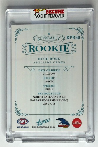 2023 AFL Select Supremacy Rookie - RPB50 Hugh Bond 61/75 cuervos Adelaida - Imagen 2 de 3
